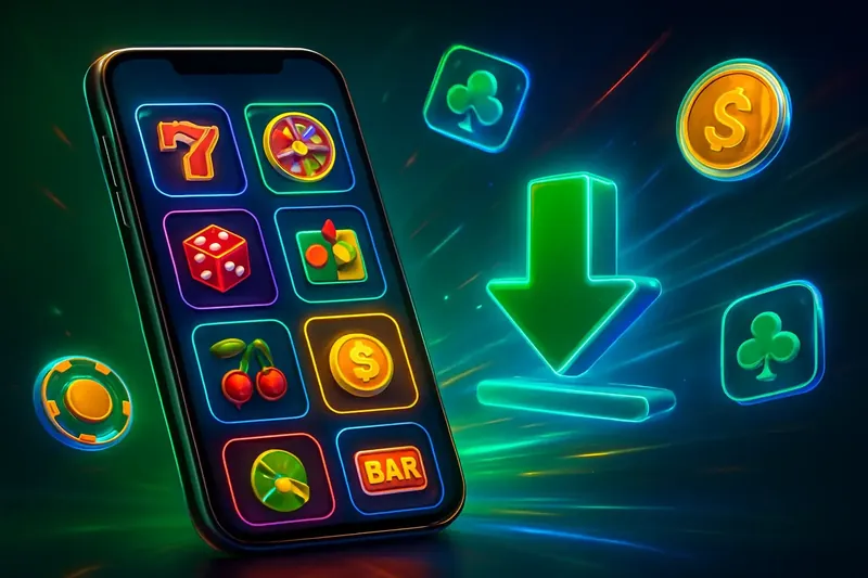 Premium Casino App Glossy smartphone casino app banner with neon download effects and game tiles
