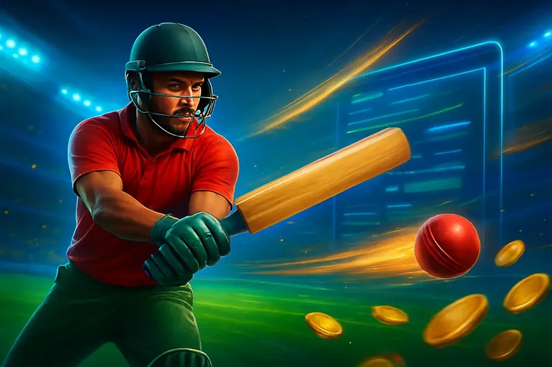 Cricket batter striking ball under stadium lights for sportsbook campaign banner