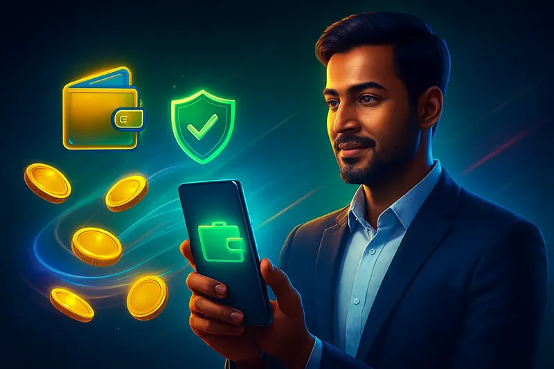 Hand holding smartphone with secure mobile wallet, coins, and speed effects