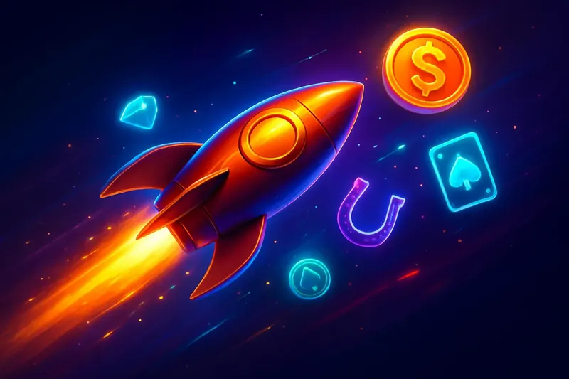 Glossy 3D rocket launch banner with neon casino speed effects