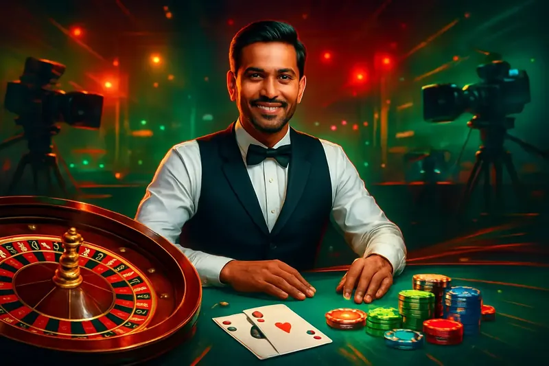 Live Dealer Banner Friendly professional live dealer with roulette, cards, chips, and studio lights