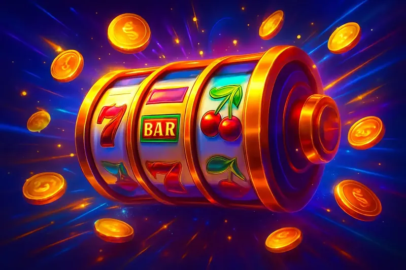 Colorful spinning slot machine reels with coins, glow, and neon sparks